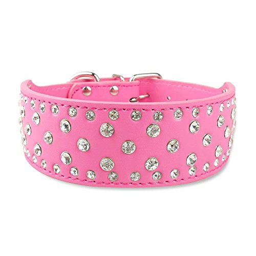 Didog 2 inch Width Wide Dog Collar with Rhinestone Studded Fit Medium Large Dogs for Festival Dress Up,Hot Pink,XL Size