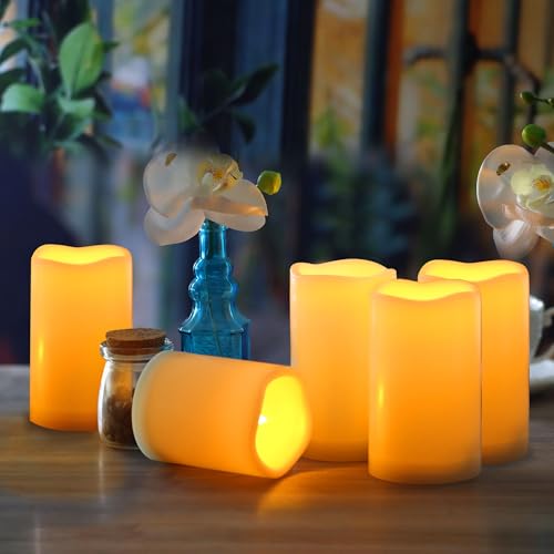 Image of CANDLE CHOICE Waterproof Outdoor Battery Operated Flameless Candles with Remote Timer Plastic Realistic Flickering Fake Electric LED Pillars Lantern Garden Wedding Christmas Decorations 3 inchx5 inch 6 Pack