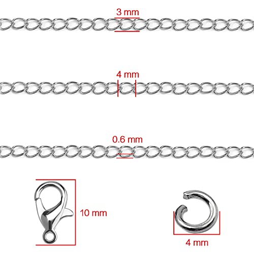 Jishi 33ft Necklace Extender Chain 3mm Silver Stainless Steel Curb Link Chain for Jewelry Making, Bracelet Necklace Extender DIY, Keychain Craft Supplies, Metal Chain Roll w/Lobster Clasps, Jump Rings