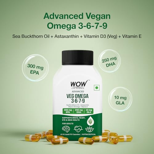 Image of WOW Life Science Advanced Veg Omega 3-6-7-9 | Plant-Based EPA & DHA from Algal Oil + GLA from Evening Primrose | Sea Buckthorn Oil + Astaxanthin + Vitamin D3 (Veg) & Vitamin E | Brain Focus, Heart Health, Eye Support, Skin Hydration | 60 Capsules