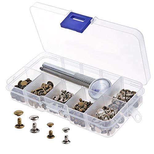 Yakamoz 120 Set Leather Rivets Double Cap Rivet Tubular Metal Studs Leather Craft Rivets Replacement Kit With Fixing Tools For Diy Craft Clothes Shoes Belts | 6Mm 8Mm Size | Silver & Bronze #TOP21