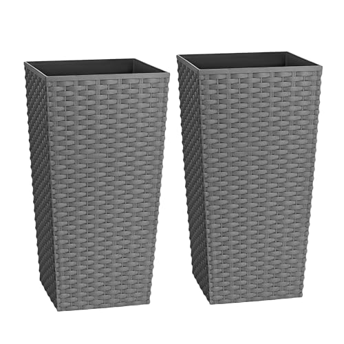 CrazyGadget Tall Square Plastic Rattan Indoor/Outdoor Planters Set of 2 Grey 12 Litre