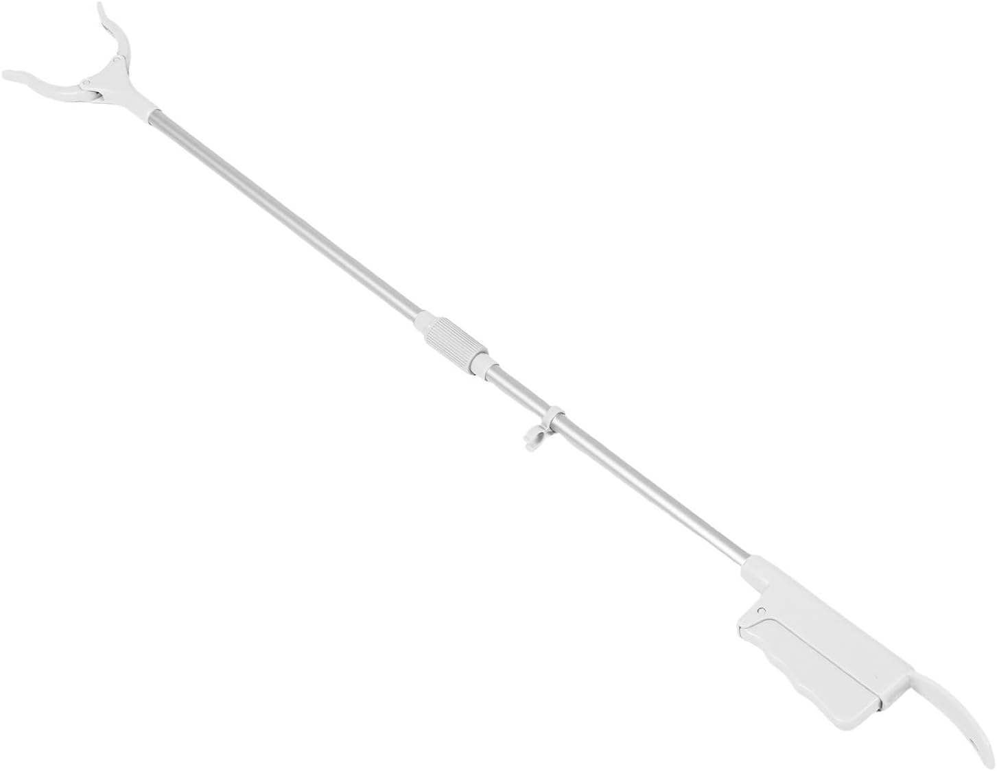 Collapsible Reacher Grabber Tool with Shoe Horn and Trash Claw, Foldable Aluminum Handle Pickup Aid for Home Use and Litter Retrieval, White Lightweight Handy Reaching Aid