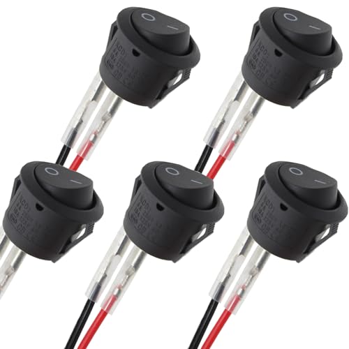 Toggle Switch 12V, ON Off Switch 2 Pin DC Rocker Switches with Wires SPST 20mm Round Button Electric for Car Automotive, 5 Pcs