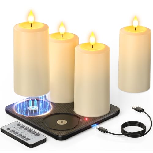 Yme Rechargeable Flameless Pillar Candles with Remote & Magnetic Charging Base,4PCS Waterproof Battery Operated LED Fake Candles Flickering with Timer for Indoor Outdoor Halloween Christmas Home Decor by Yme - Used condition - CA$26.52