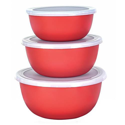 Image of Microwave Safe Stainless Steel Food Storage Container with Lid | Euro Mixing Bowl Set for Kitchen | 500ml, 800ml, 1250ml | Pack of 3 | Leak-Proof (Red Plain 3)