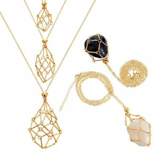 Ptwola 3 Pcs Necklace Cord Crystal Necklace Holder Adjustable Empty Stone Holder Stainless Steel Boho Handmade Cage Fish Netted for Women Men Yoga Meditation DIY Jewelry Making Home Decor(gold)