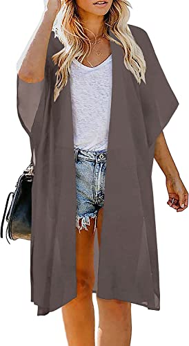 Image of Indian Trendy Women's Solid Puff Sleeve Kimono Long Cardigan Loose Cover Up Casual Blouse Top Chiffon