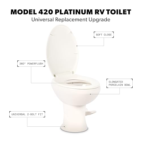 Image of Dometic Model 420 Platinum RV Toilet - Elongated Porcelain Bowl, Universal Fit & 2-Bolt Mount, 18 inch Chair Height Residential-Style, Gravity Flush Toilet with Soft-Close Seat, White (9610008281)