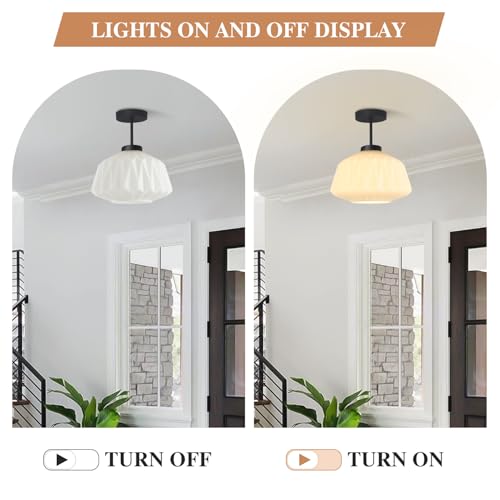 Image of Modern Black Ceiling Light Semi Flush Mount Ceiling Lights Fixture with White Striation Glass Shade for Entryway Bedroom Kitchen Foyer