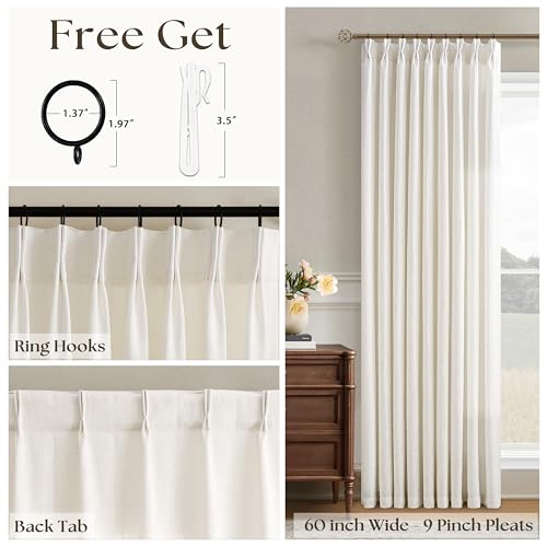 Image of 120 Inches Long 60 Inch Width Pleated Curtains Natural Cream 60x120 | Linen, Extra Wide, Living Room Bedroom, Sheer, Back Tab, Hooks Rings, Pinch Pleat, Patio Glass Door, 1 Panel, 120 Inch Length
