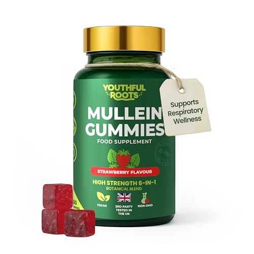 Youthful Roots Mullein Lung Support 60 Gummies. 6 in 1 Botanical Blend with Elderberry Marshmallow Root & Licorice Root Extract Quercetin and Bromelain
