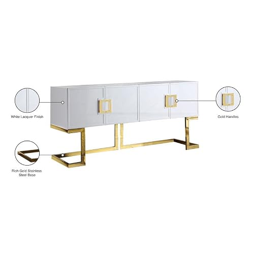 Meridian Furniture Beth Collection Modern | Contemporary Sideboard Buffet, Rich Gold Stainless Steel Base, White Laquer Finish, 64" W X 18" D X 31" H, Cabinet #TOP5
