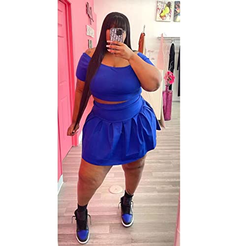 Kelovepan Pleated Short Skirt Sets Women 2 Piece Sweatsuits Sexy Plus Size Summer Two Piece Outfit Dress Tracksuit Set Blue 4Xl #TOP1
