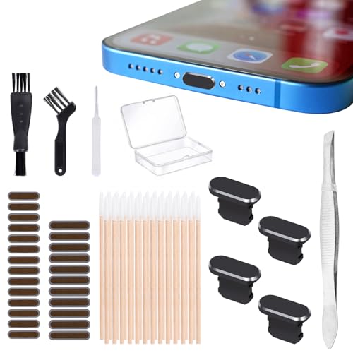Mayoii Juego de 82 tapones antipolvo para teléfono con pegatinas de red a prueba de polvo, cepillos de limpieza, hisopos y pinzas, protector de limpieza de altavoces de teléfono, kit antipolvo