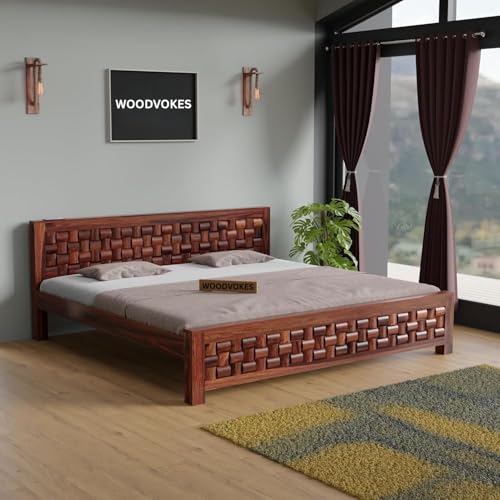 Image of Sheesham Wood Bed Without Storage Solid Wooden Cot Bed Elegant and Functional Bedroom Living Room Home (Dark Mahogany Finish, King)