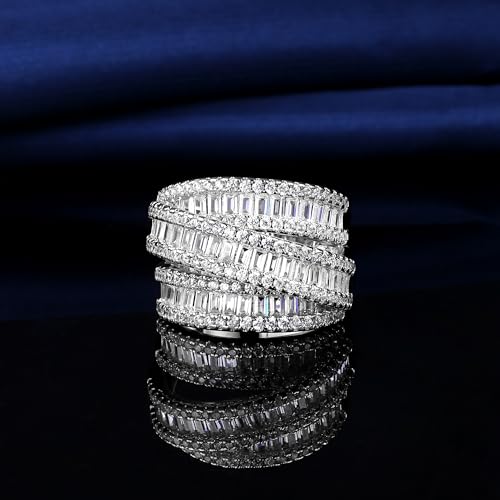 MDFUN 18K White Gold/Yellow Gold Plated Halo Wedding Eternity Ring for Women, 3 Rows Emerald Cut Cubic Zirconia Rings Statement Band Size 5-104
