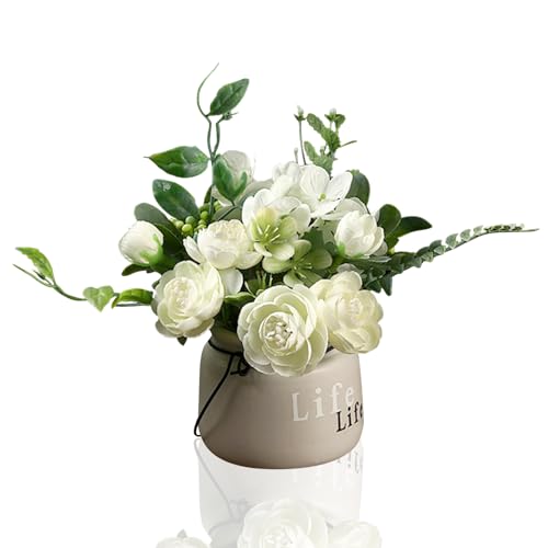 Driflo Gefälschte Seiden Blumen Künstliche Blumen mit Vase Pflanzen zimmers Künstliche Topf Blumen Pflanzen für Bücherregal Tisch Schlafzimmer Schreibtisch-Dekoration Zuhause Hochzeits Feier (Weiß)