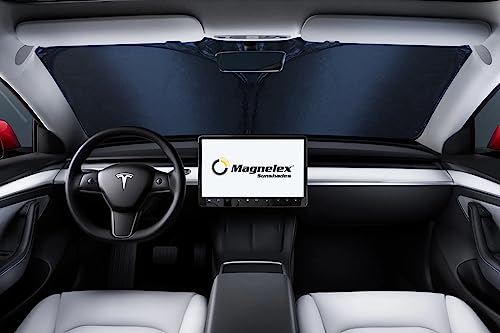 Image of Magnelex Tesla Windshield Sun Shade (Model 3 /Y), Reflective Polyester Blocks Heat & Sun, Foldable Car Window Sun Blocker, Mirror Cut-Out, Fade-Resistant Sunshade, Tesla 3 Accessories