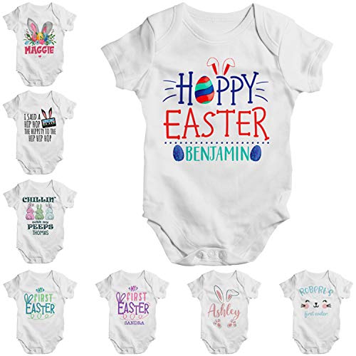 Personalized Easter Baby Onesie Gift for Boy Girl - Custom Bunny, Rabbit, Egg Design Short Sleeve Outfit Clothes - Customize Printed Infant Bodysuit - Organic Unisex Cotton Newborn Toddler Onesies C05
