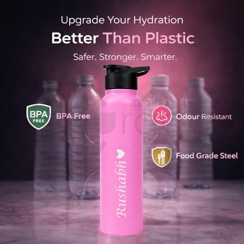 Image of COURAGE Stainless Steel Customize Sipper Water Bottle 1Liter Leak Proof for Fridge Home Office Travel School Kids Boys Girls Adults Sports Gym Yoga - Light Pink