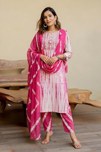 Image of MIRCHI FASHION Pure Cotton Women Straight Embellished Ajrakh Print Kurti Set with Dupatta and Pant