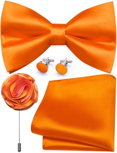 Image of Solid Color Bow Ties for Men Silk Pre-tied Tuxedo Bowtie Set 4PCS | Pre-tied in 3 seconds,adjustable 4PCS bow tie and pocket square cufflinks lapel pin set,wedding,formal,party,prom,graduation
