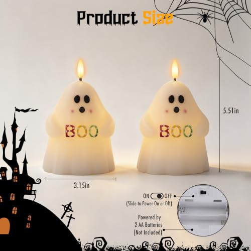Image of Ghost Halloween Flameless Candles with BOO, Remote Timer Battery Operated | Flickering LED Candles, Spooky Cute Halloween Decor, Real Wax, Hand Painted, Table Home Party Festival Decoration Gift, 2Pack