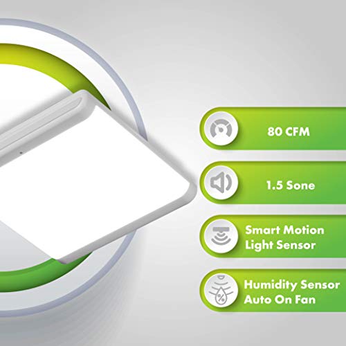 Image of Homewerks 7146-80-MS Bathroom Fan Integrated Dimmable LED Light Humidity Sensor Exhaust Ventilation 1.5 Sones 80 CFM, Smart Motion White