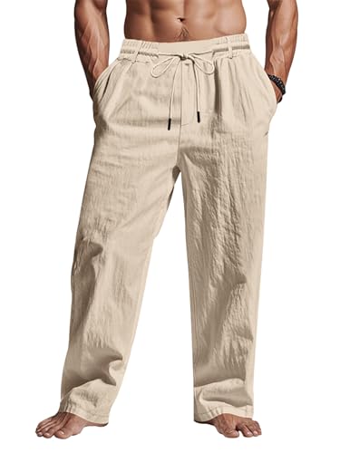 ‌Men's Linen Pants Lightweight Drawstring Elastic Waist Pockets Loose Fit Straight Legs Summer Beach Yoga