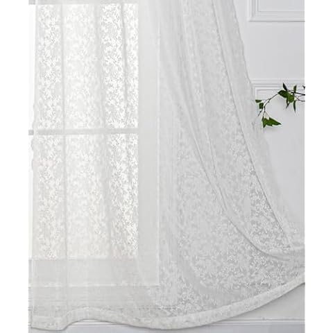 Eyelet Pure White Rose Lace Curtains 63 Inch Length - Grommet Top Floral Tile Pattern Sheer Lace Curtains for Bedroom, Shabby Chic Lightweight Lace Window Curtains, 52 x 63 Inch, 2 Panels, White Cover