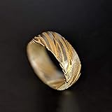 14K Gold Damascus Ring Mens Wedding Band Yellow Gold Damascus Steel Rings For Him Unique Wood Grain Pattern Comfort Fit Stainless Steel