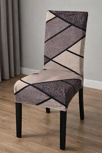 Image of Chair Covers Set of 4 for Dining Table, Stretchable Removable Washable Anti-Slip Universal Fit Printed Polyester Spandex Slipcovers (Beige & Mauve Geometric)