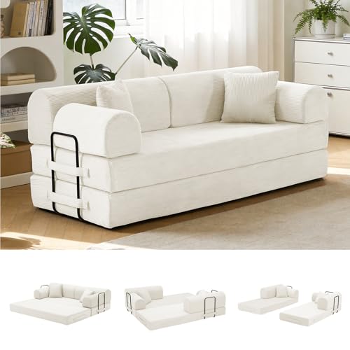 Image of 79'' Convertible Sofa Bed, 6 in 1 Folding Floor Futon Couch Sleeper with Fixed Frame, Corduroy Modular Sofa Bed with Removable Armrests & Pillows, No Assembly for Living Room Bedroom (Beige White)