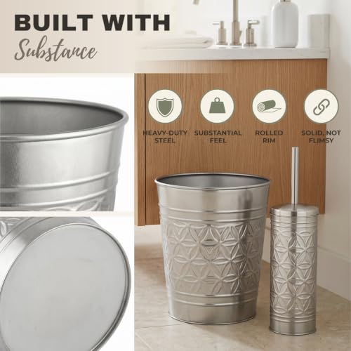 Image of Autumn Alley Brushed Nickel Bathroom Trash Can and Toilet Brush Set - 2-Piece Silver Metal Bathroom Accessories Set, Modern Farmhouse & Transitional Bathroom Decor