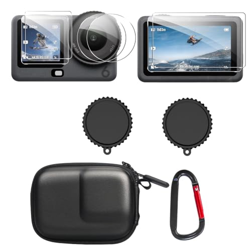 Image of squishy 6Pcs Action 6 Accessories Bundle, Action Camera Carrying Case with Backpack Clip Mount, Tempered Glass Screen Protector and Lens Caps, Travel Storage Bag Kit