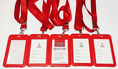 Image of Abha International Plastic ID Card Holder with Premium Lanyard for Office /School (Vertical) (Red, Pack of 5pcs.)