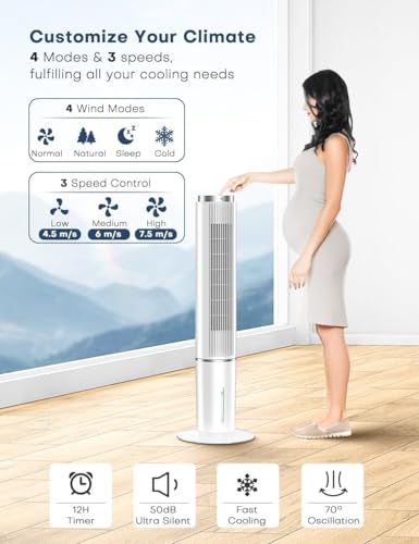 Image of HIFRESH 107CM Tower Fan for Room w /Cooling Function, Bladeless Tower Fans for Home, Remote & Touch, 4 Modes & 3 Speeds, 26Ft Air Throw, 12H Timer, 4 Ice Packs, Auto Rotation, Low Power Consumption