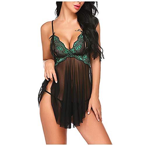 Babydoll Lingerie for Women Honeymoon V Neck Chemise Sexy Exotic Open Front Negligee Green