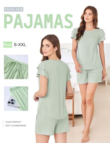 Image of Ekouaer Womens Pajama Sets 2 Piece Ruffle Sleeves Top and Shorts Pjs | Soft Sleepwear Cute Loungewear Set with Pockets for Sleep, Lounge, Wedding, Party, Bridal