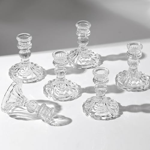 6 Pcs Clear Glass Taper Candle Holders – 4" Ribbed Candlestick Holders for Standard Candles | Elegant Centerpiece for Wedding, Party, Holiday &amp; Home Decor