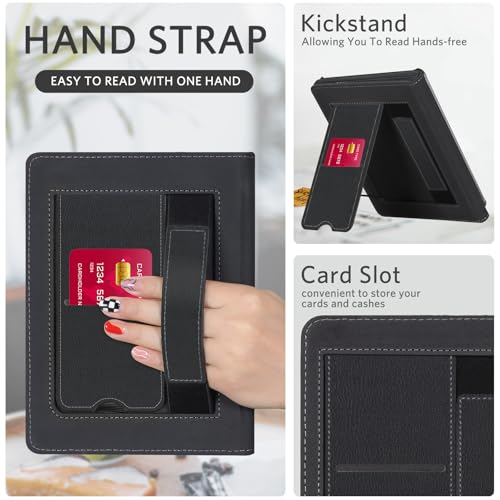 Image of CoBak Case with Stand for Kindle Paperwhite 12th Gen 2024 Released (7 inch) & Kindle Colorsoft Signature Edition - Durable PU Leather Cover with Auto Sleep Wake, Card Slot, Hand Strap Feature, Black