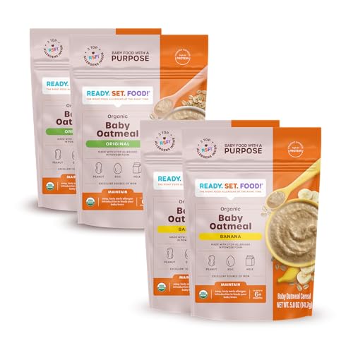 Ready Set Food Organic Baby Oatmeal CerealReady Set Food Organic Baby Oatmeal Cereal – Safe & Easy Early Allergen Exposure for Babies 6+ Months, Organic Baby Food with 3 Top Allergens: Organic Peanuts, Egg, and Milk (Variety, 4-Pack)