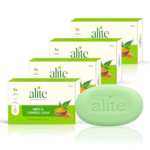 Image of Alite Neem & Turmeric Soap for Skin Purification & Natural Glow | Herbal Bath Soap with Neem Oil & Turmeric Extract | Cleanses Tan Build-Up, Supports Even-Toned Skin | Men Women | Paraben-Free | 75g Each Pack of 4
