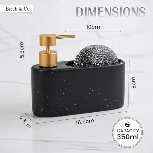 Image of Birch & Co. Kitchen Sink Caddy with 350ml Soap Dispenser, Sponge Holder & Scrubber Storage, Premium Ceramic Dish Soap Dispenser for Kitchen Countertop, Anti-Slip Base, BlackSpeckle