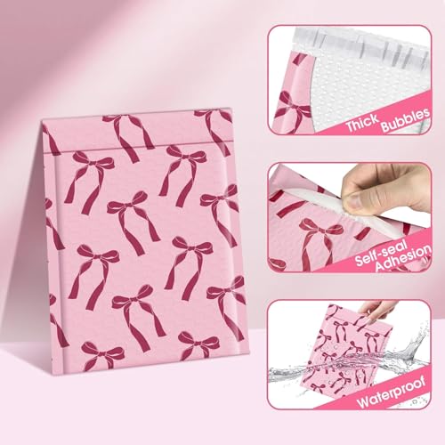 Fuxury Bubble Mailers 6x10" Padded Envelopes 100 Pack Pink Bows Cute Design Bubble Envelopes Usable Size 6x9" Strong Adhesion Pattern Shipping Envelopes Thick Padded Mailer for Mailing Jewelry, Makeup by Fuxury - Image 3