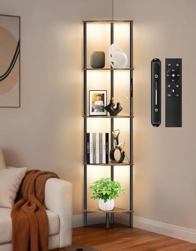 OUTONLIFE LED Stehlampe mit Regal, 3 Farbtemperaturen, Dimmbar mit Touch & Fernbedienung, Eckregal mit 5 Ebenen und Beleuchtung, Schmales Bücherregal für Wohnzimmer, Schlafzimmer, Büro