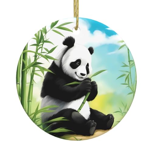 WHJSSF Colgante redondo de cerámica con diseño de árbol de Navidad con dos pandas comiendo bambú para decorar tiendas, puertas y ventanas