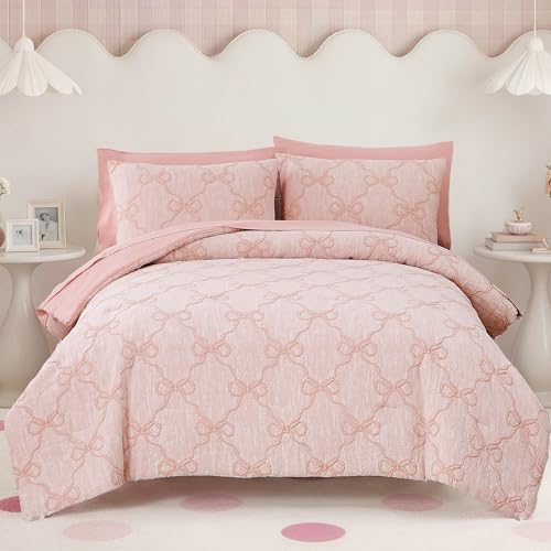 Image of BLOOMHAVEN Queen Comforter Set for Girls, 7 Pieces Pink Bow Bedding Set, All Seasons Bed in a Bag with Sheets, Pillowcases & Shams