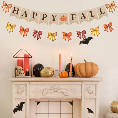 Image of Oudain 2 Pack Happy Fall Burlap Banner with Bows Garland 6.56 ft Fall Banner Decor for Fireplace Autumn Bow Garland Paper Hanging Bunting Flag Decor for Harvest Mantel Fireplace Thanksgiving Party